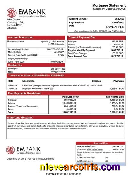 Lithuania European Merchant Bank mortgage statement Word and PDF template